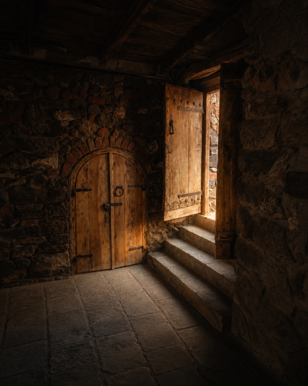 An arched wooden cellar door at Norq Garden Gallery, warm afternoon light spilling through an adjacent open shutter onto stone steps