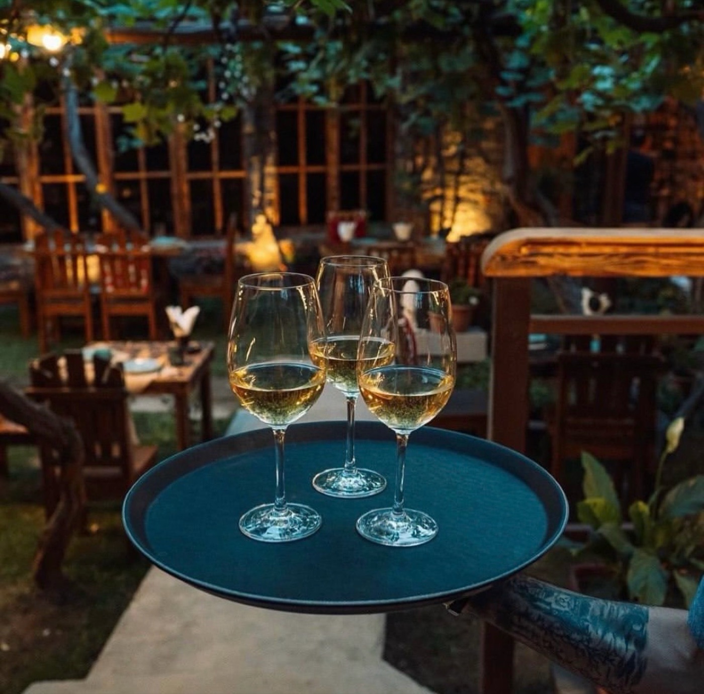 Three glasses of wine on a tray held above a wooden garden table, the lit garden and bar window glowing softly behind at dusk