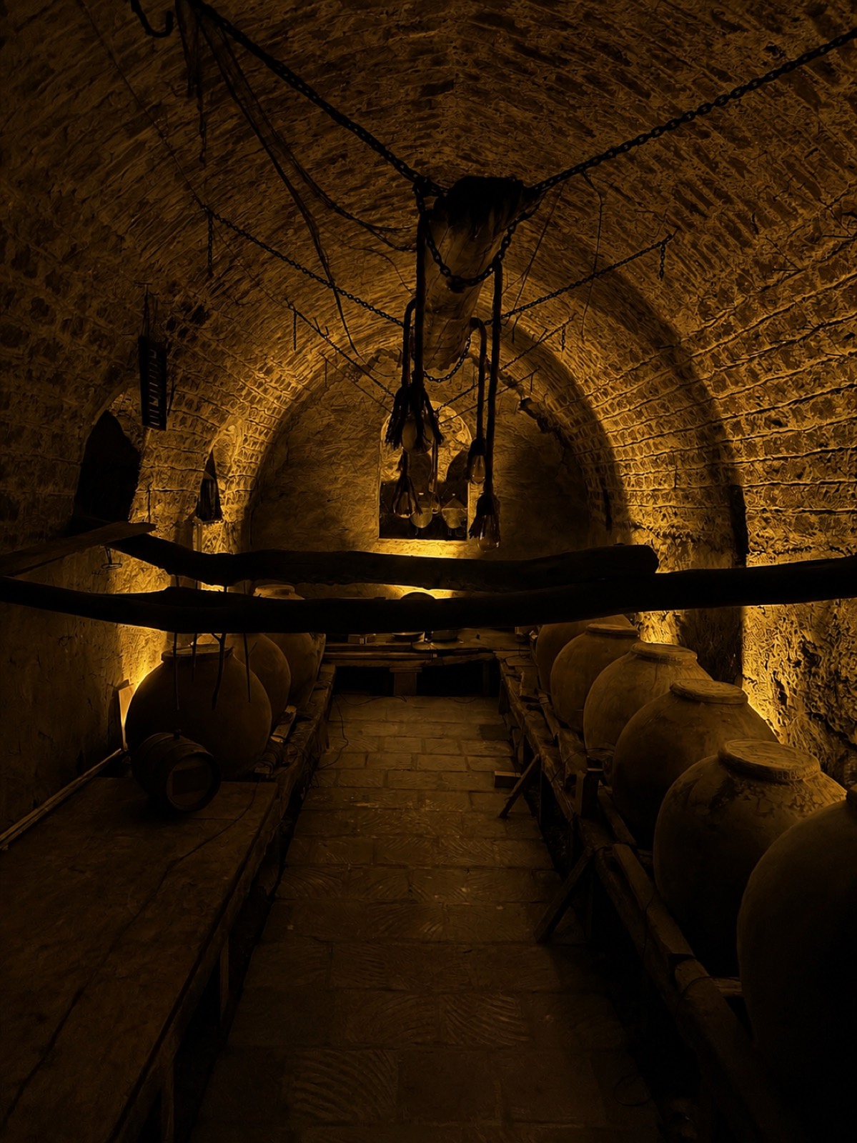 The vaulted brick wine cellar at Norq Garden Gallery, stone floors worn smooth by generations, lit by warm candlelight